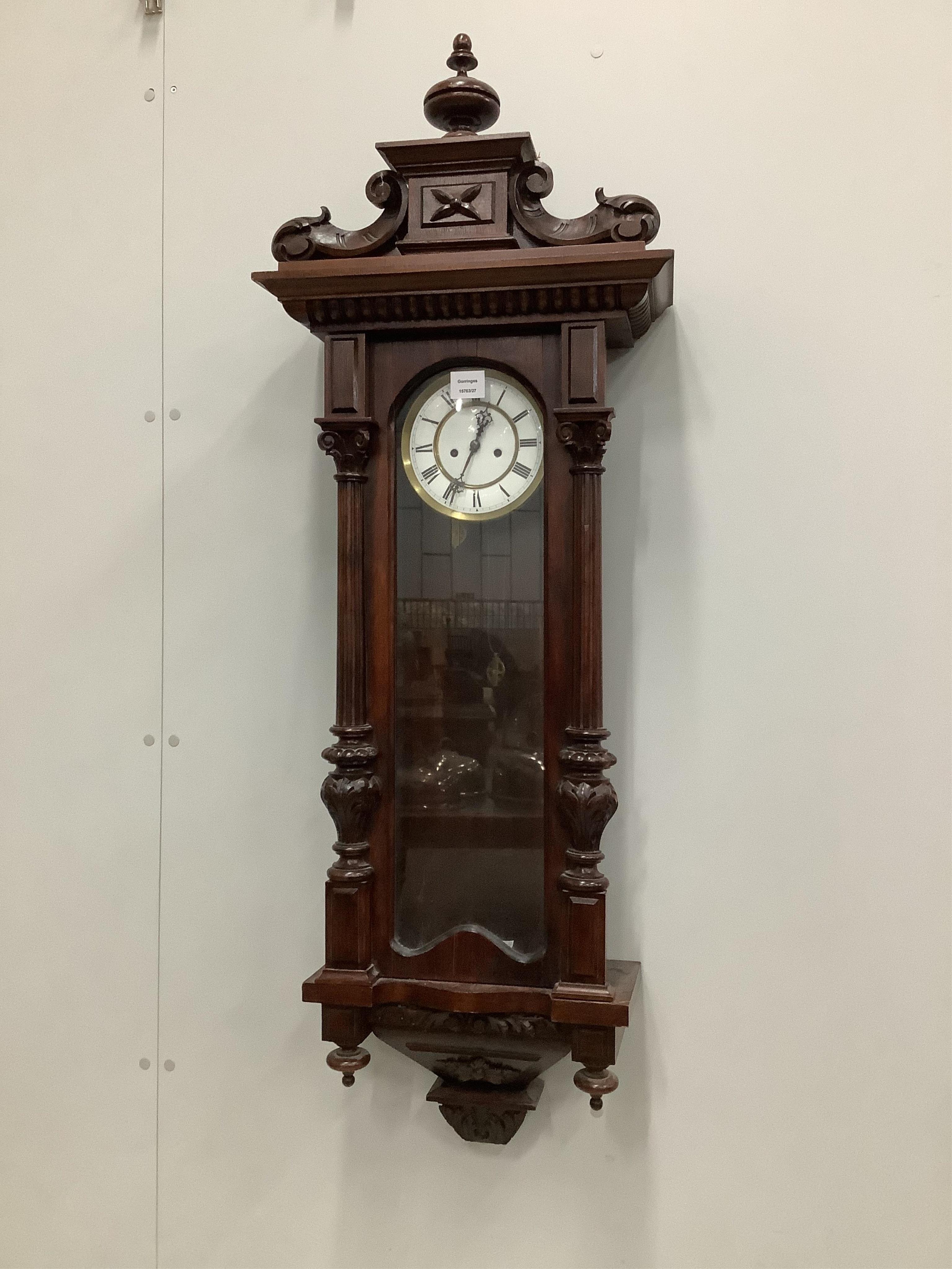 A late 19th century mahogany Vienna style regulator wall clock, with an eight day movement, height 124cm. Condition - fair but lacks weights and pendulum